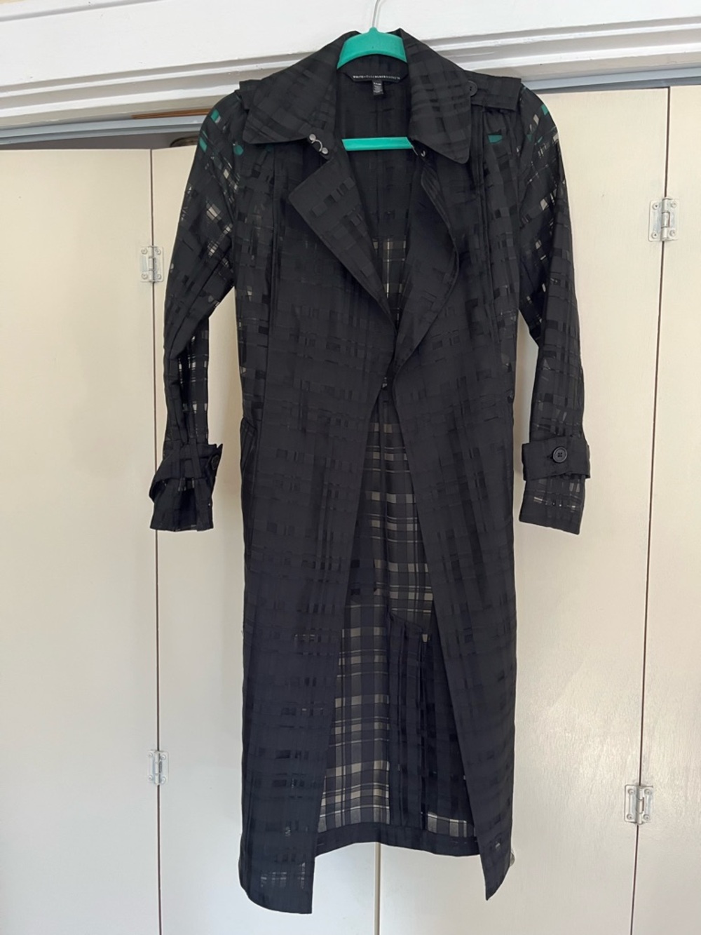 White House Black Market Black Sheer-Striped Long Trench Coat